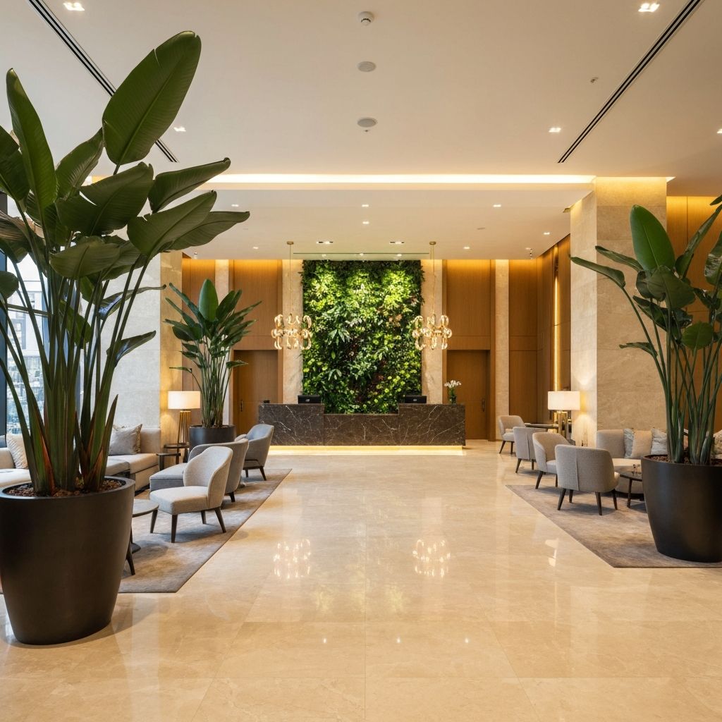 Hotel lobby with lush plant design and greenery